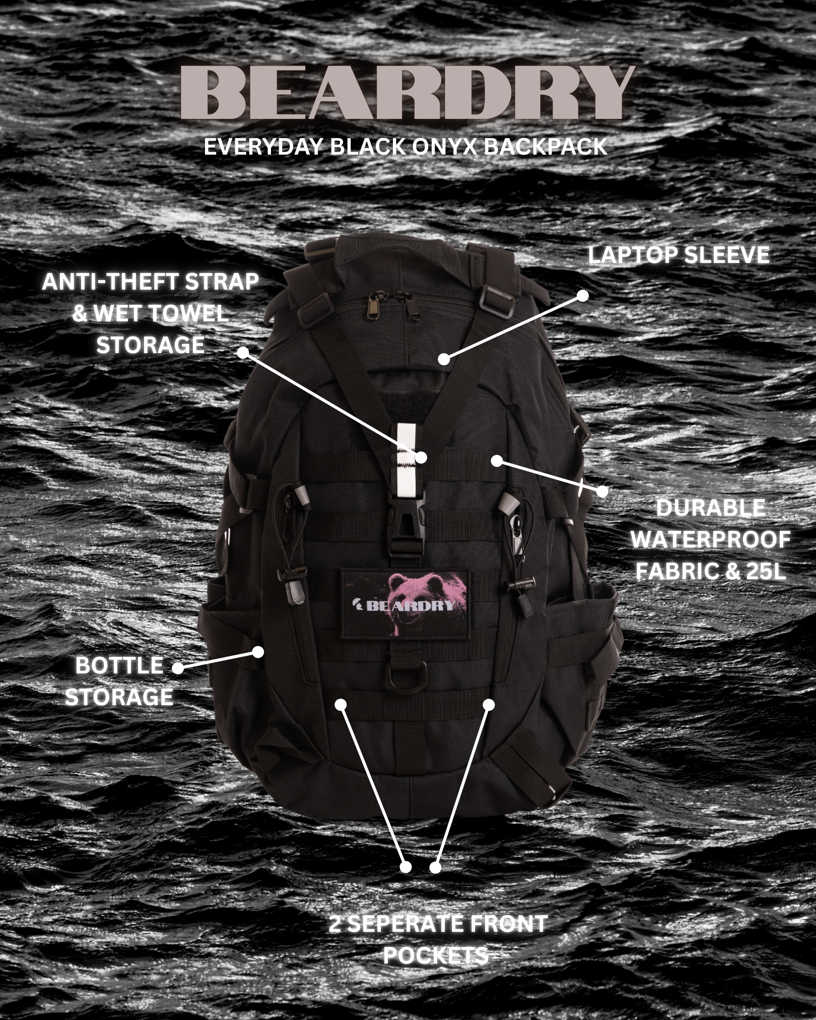 Everyday Water-Resistant Backpack 25L - Onyx Black with Crimson Bear