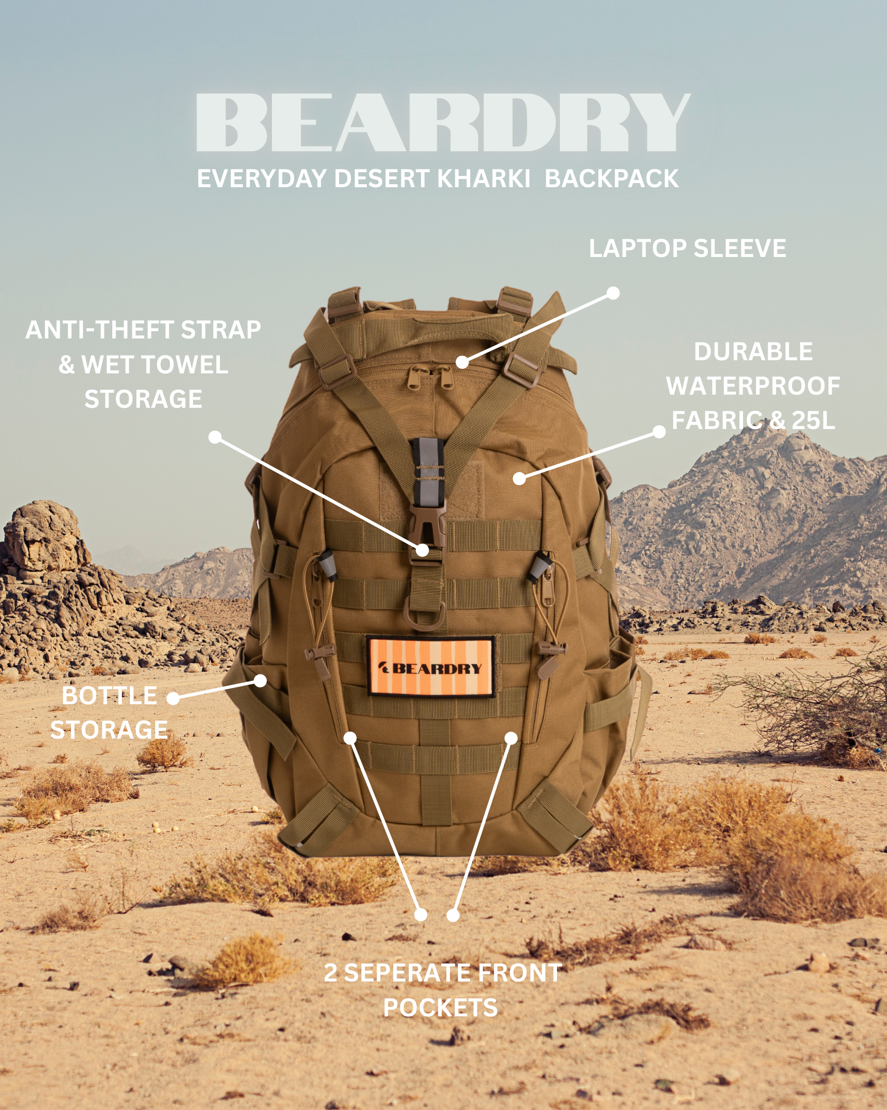 Everyday Water-Resistant Backpack 25L - Kharki with Electric Orange