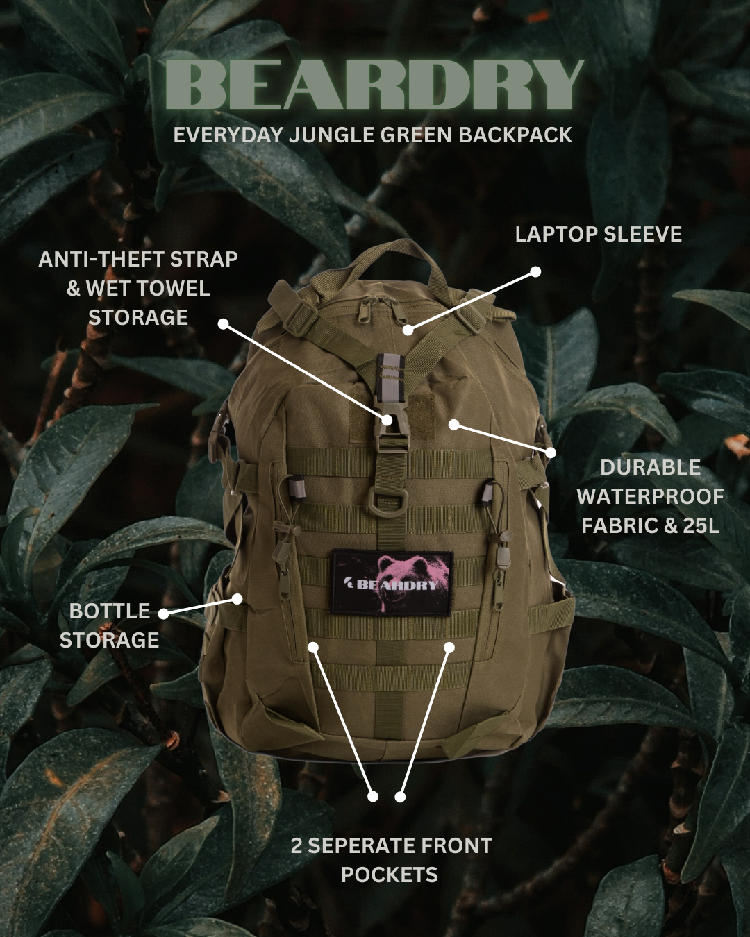 Everyday Water-Resistant Backpack 25L - Jungle Green with Crimson Bear